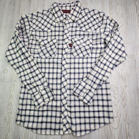 Real Ranch Shirt Mens L Large Blue Khaki‎ Pearl Snap Long Sleeve Western - Picture 5 of 9